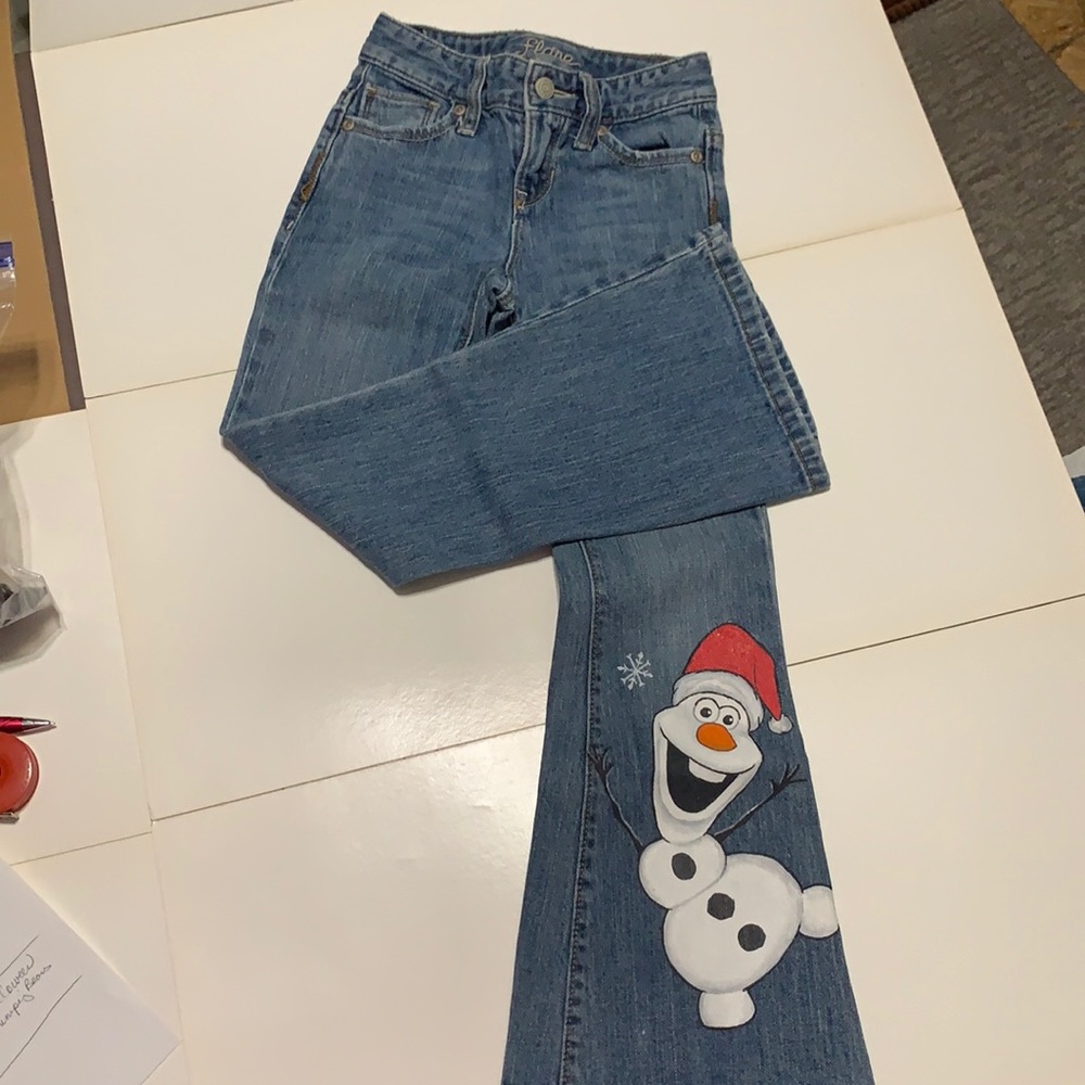 Disney Olaf Frozen painted Christmas jeans Old Navy girls size 6 Flair Slim